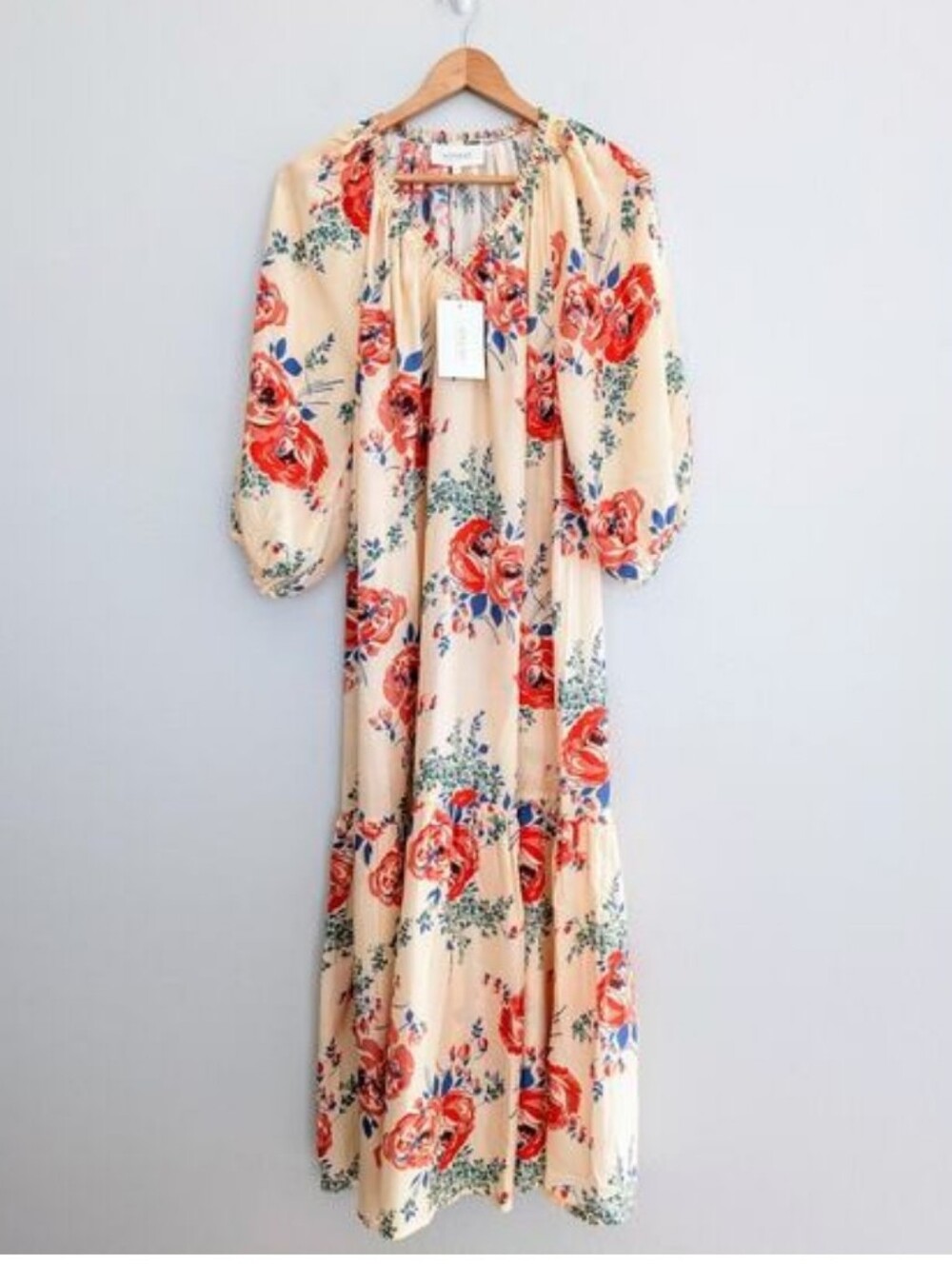 NWT THE GREAT. The Vistage Silk Echo Rose Print  V-Neck Tiered Maxi Dress - Picture 5 of 10